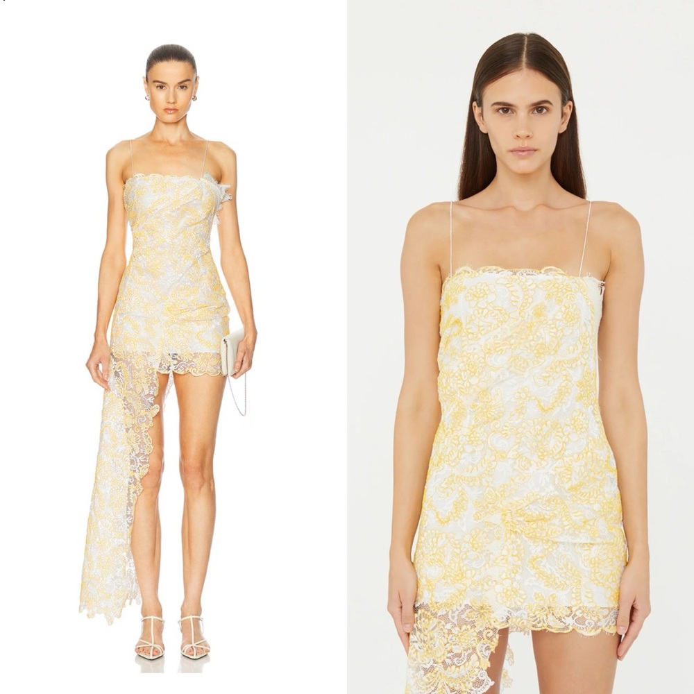 Christopher Esber Yellow and White Lace One-Shoulder Mini Dress